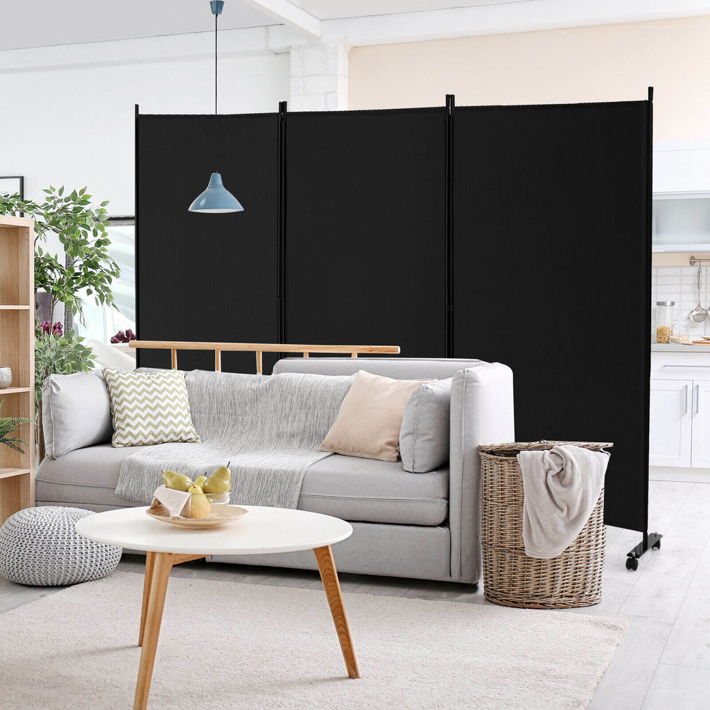 3 Panel Folding Room Divider with Lockable Wheels - Black, Portable Privacy Screen