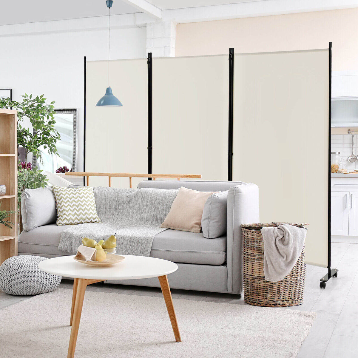 3 Panel Folding Room Divider with Lockable Wheels - White, Portable Privacy Screen