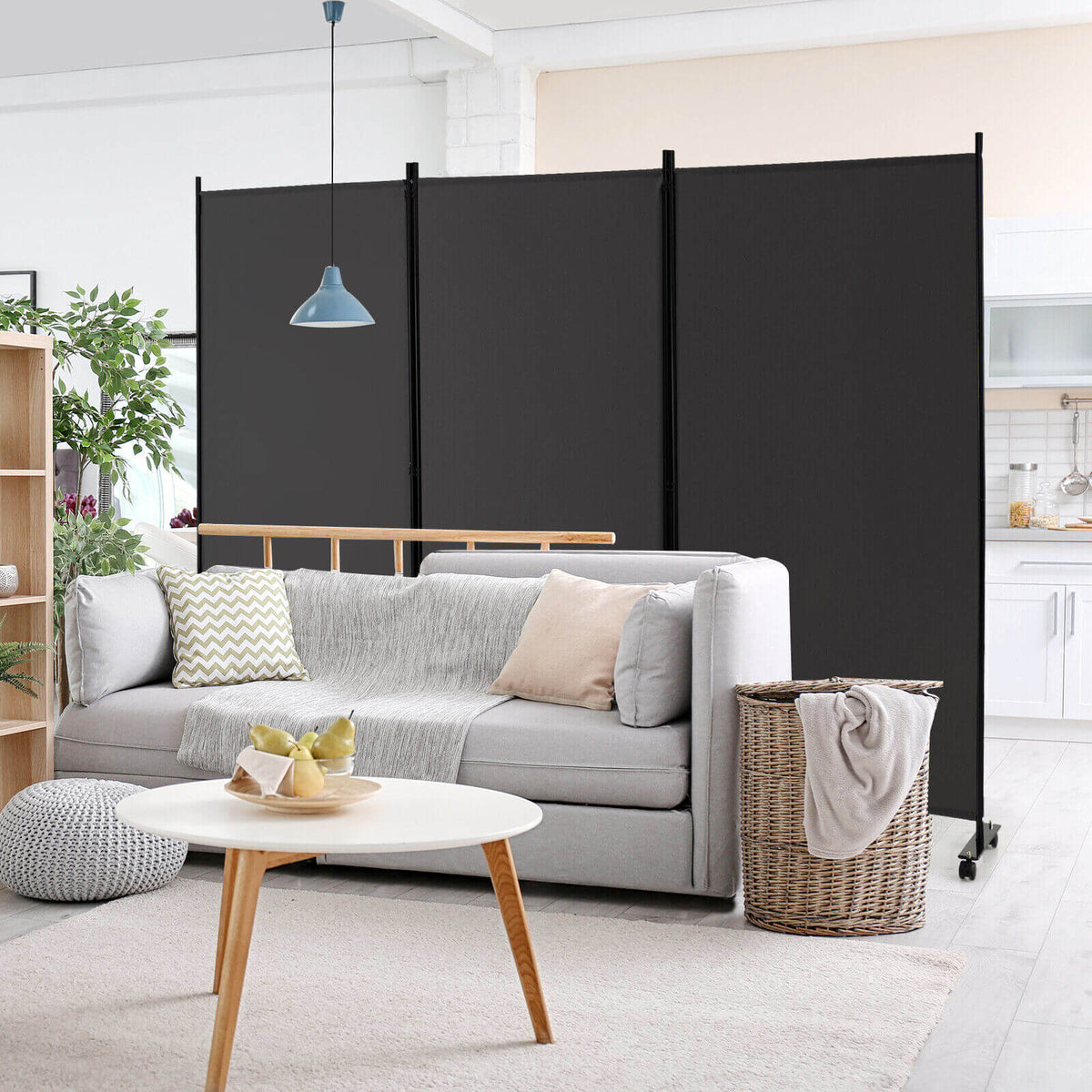 3-Panel Folding Room Divider with Lockable Wheels - Gray, Portable Privacy Screen