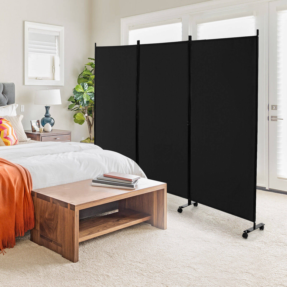 3 Panel Folding Room Divider with Lockable Wheels - Black, Portable Privacy Screen