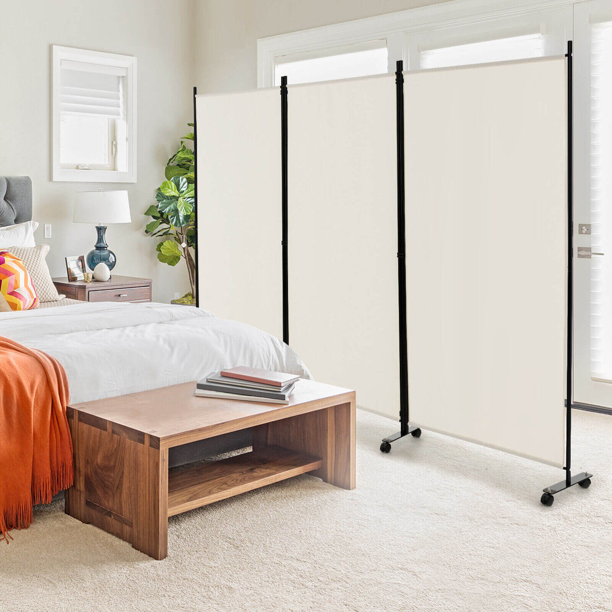 3 Panel Folding Room Divider with Lockable Wheels - White, Portable Privacy Screen