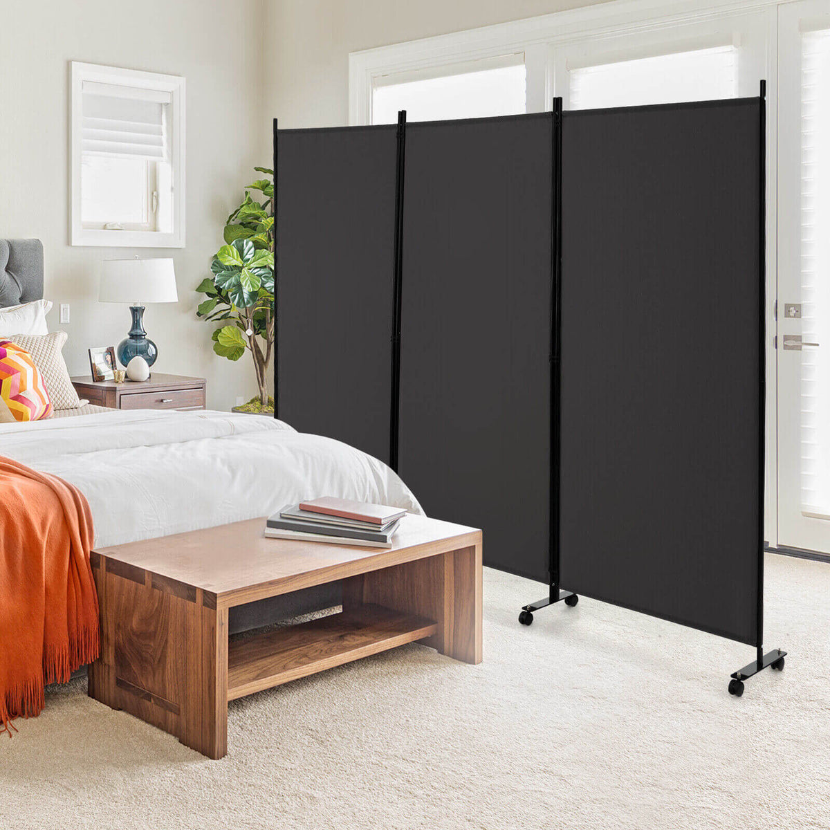3-Panel Folding Room Divider with Lockable Wheels - Gray, Portable Privacy Screen