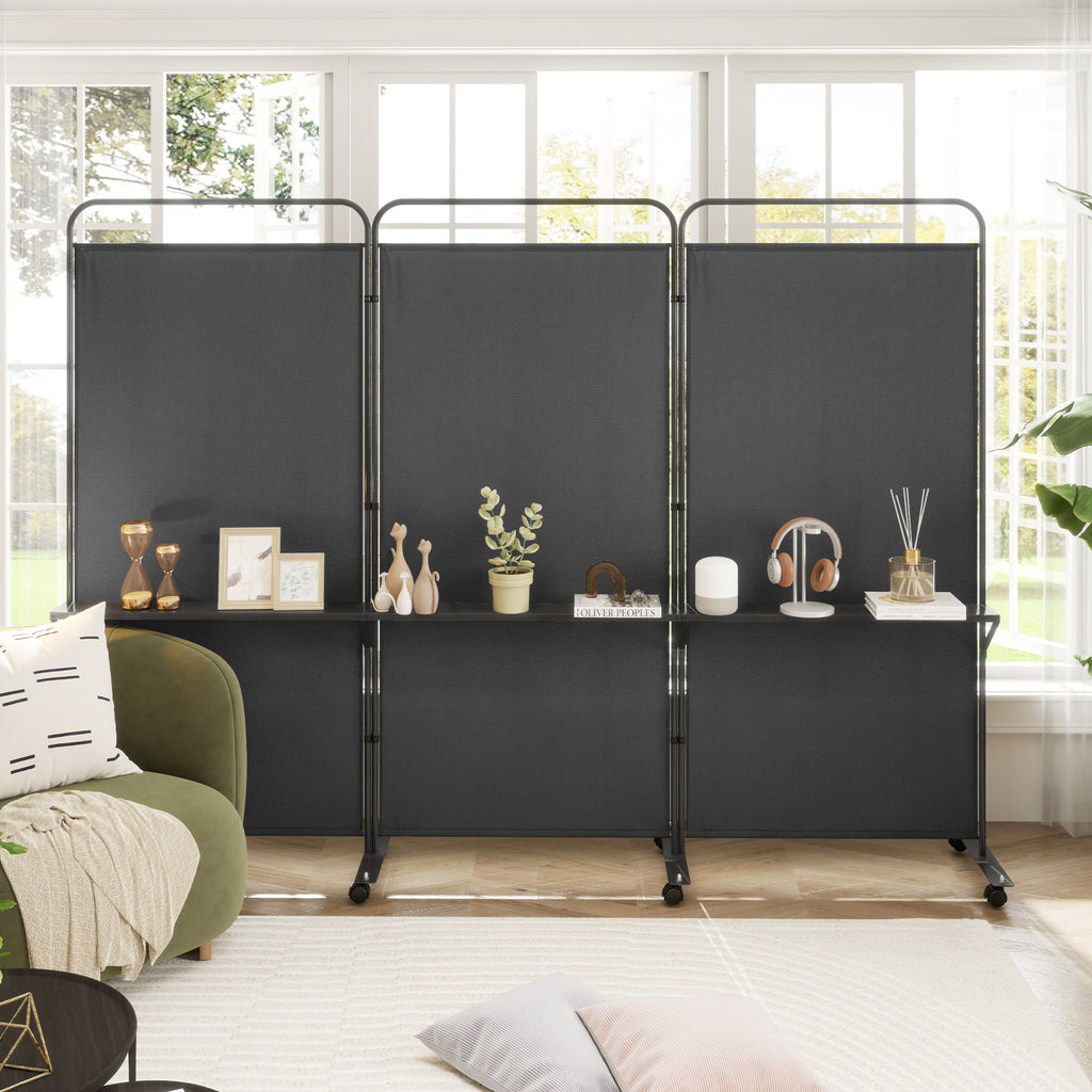 3-Panel Folding Room Divider with Metal Shelves & Lockable Wheels - Black, Costway Variation