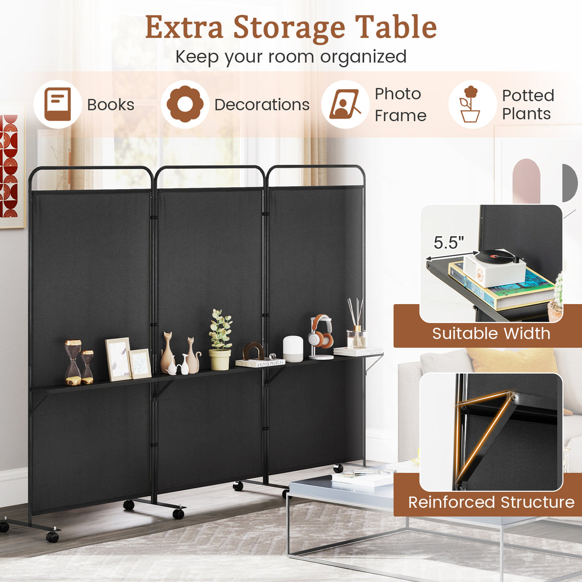 3-Panel Folding Room Divider with Metal Shelves & Lockable Wheels - Black, Costway Variation