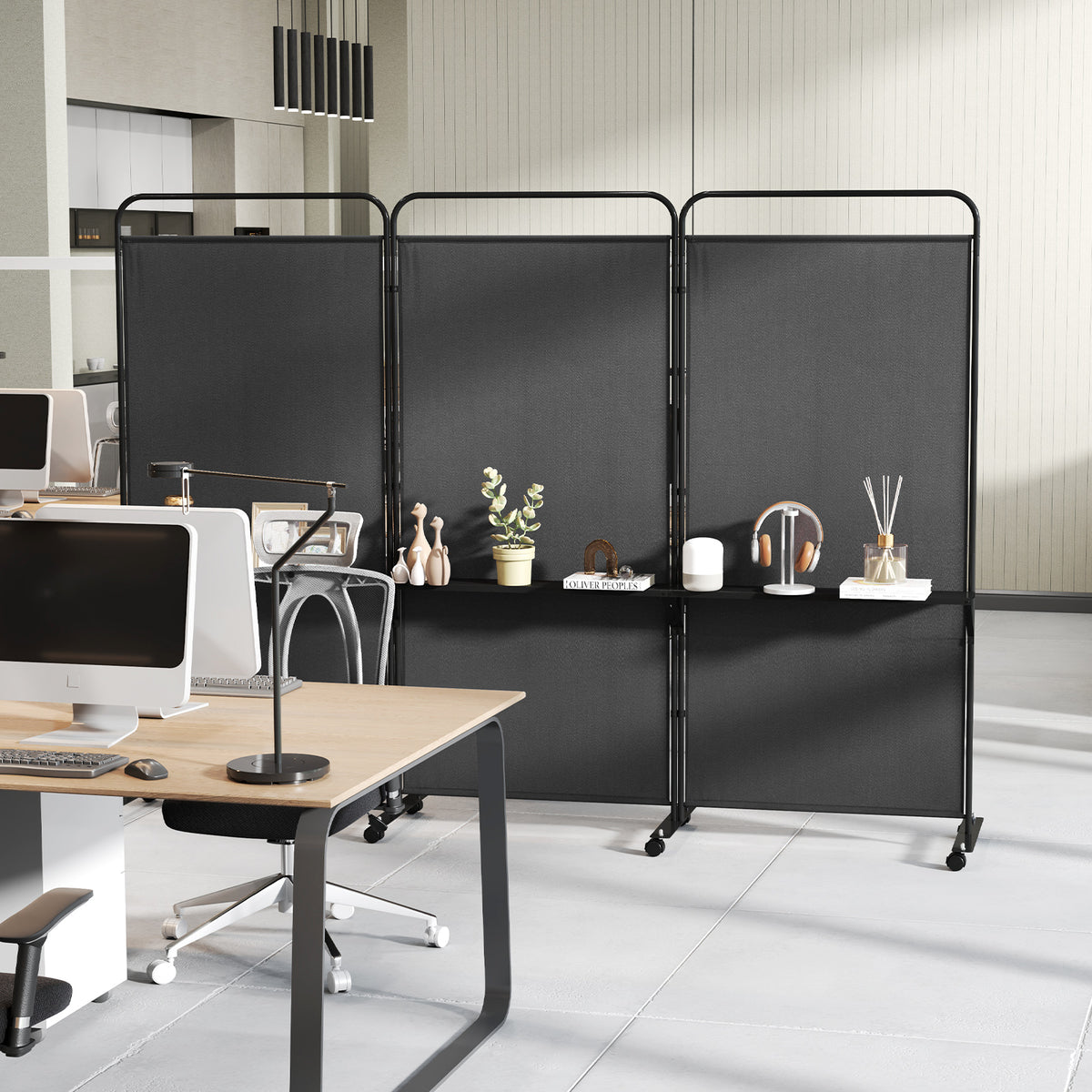 3-Panel Folding Room Divider with Metal Shelves & Lockable Wheels - Black, Costway Variation