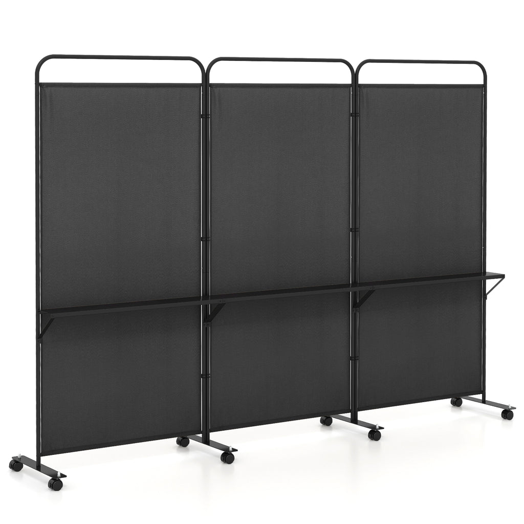 3-Panel Folding Room Divider with Metal Shelves & Lockable Wheels - Black, Costway Variation
