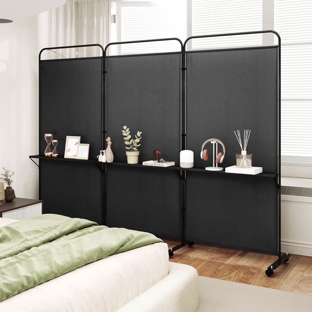 3-Panel Folding Room Divider with Metal Shelves & Lockable Wheels - Black, Costway Variation