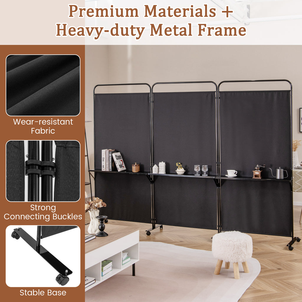 3-Panel Folding Room Divider with Metal Shelves & Lockable Wheels - Black, Costway Variation