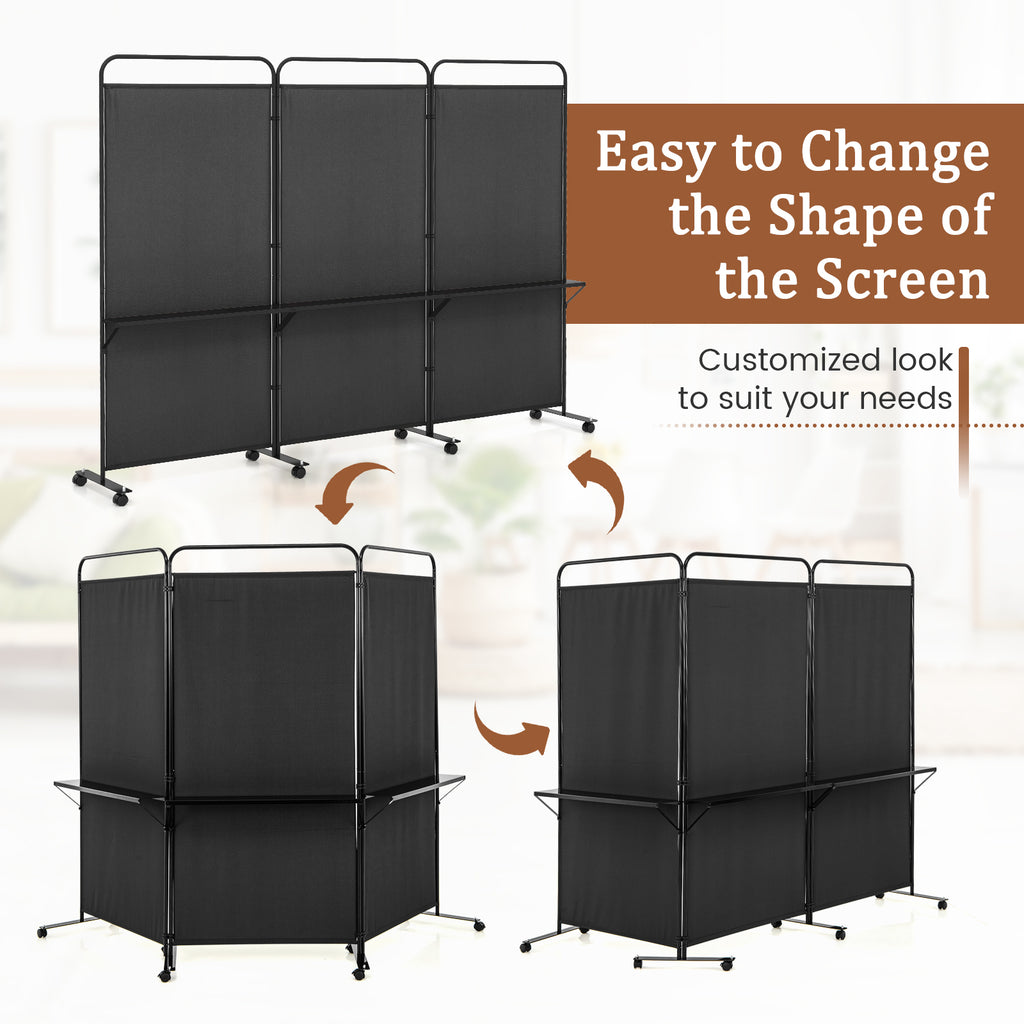 3-Panel Folding Room Divider with Metal Shelves & Lockable Wheels - Black, Costway Variation