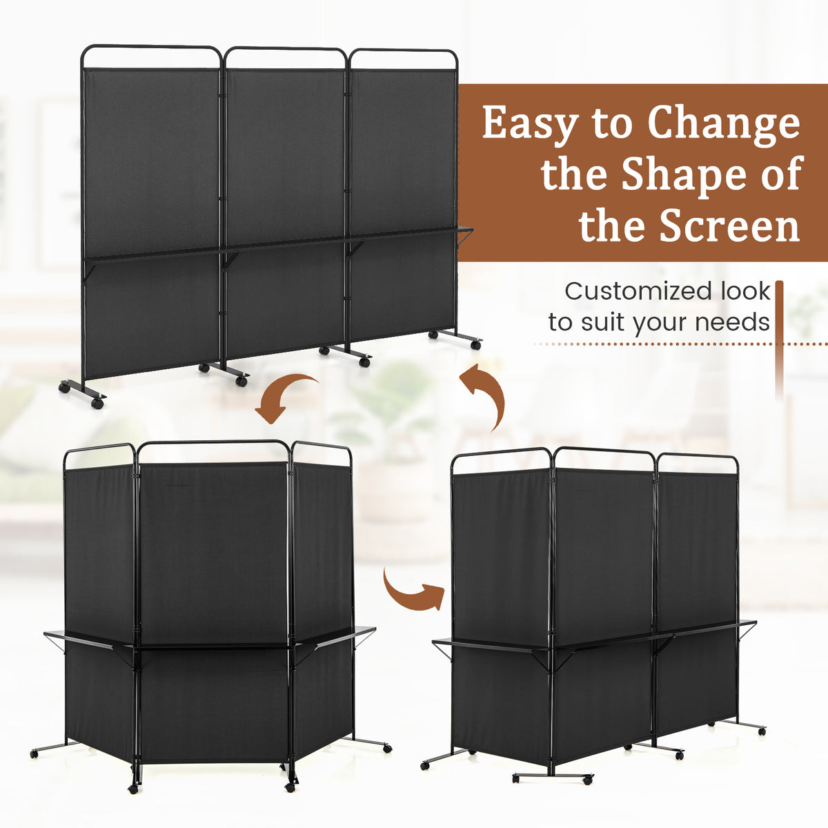 3-Panel Folding Room Divider with Metal Shelves & Lockable Wheels - Black, Costway Variation