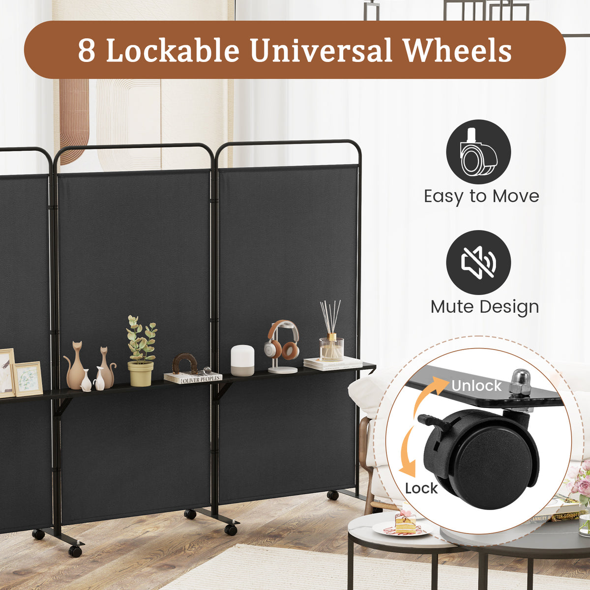 3-Panel Folding Room Divider with Metal Shelves & Lockable Wheels - Black, Costway Variation