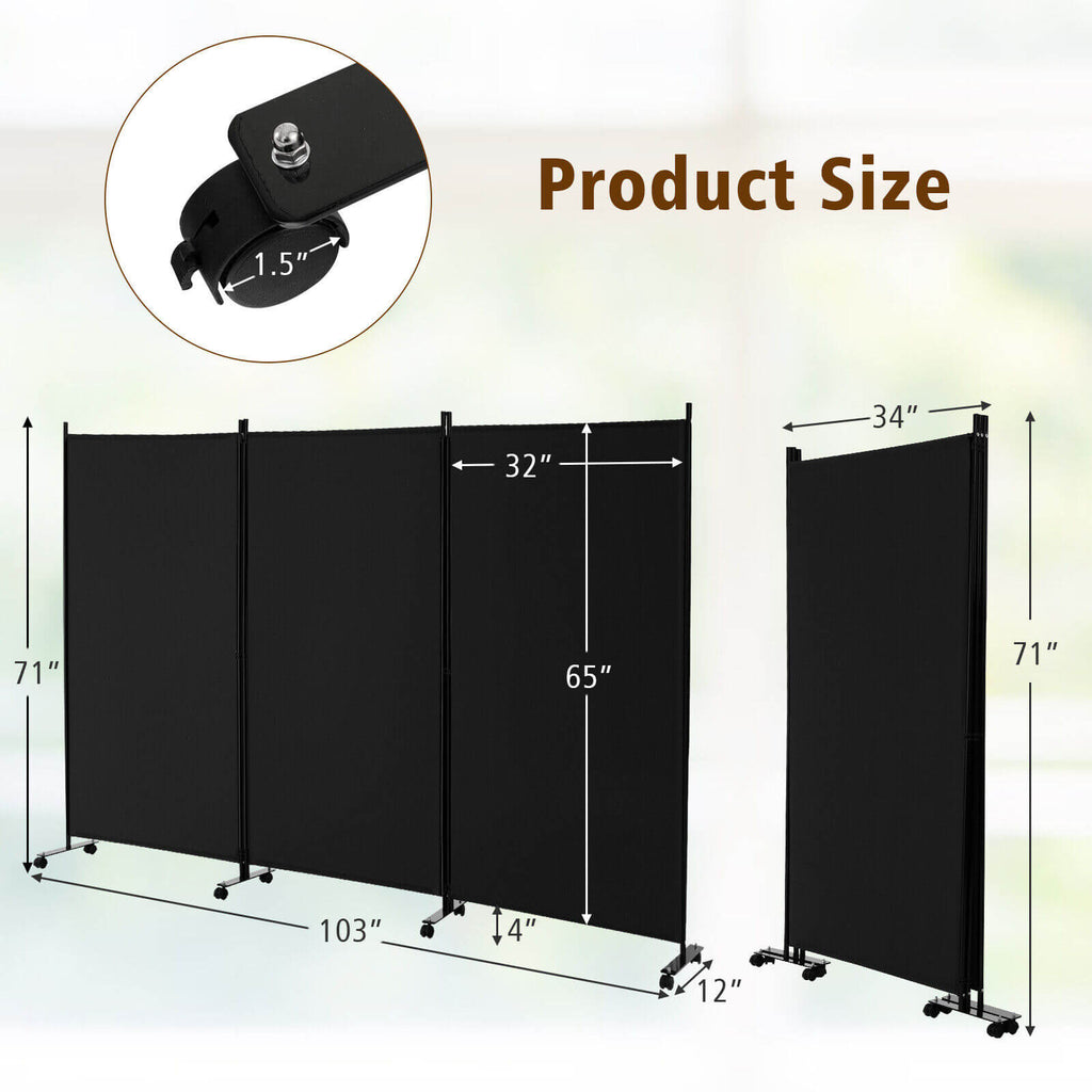 3 Panel Folding Room Divider with Lockable Wheels - Black, Portable Privacy Screen