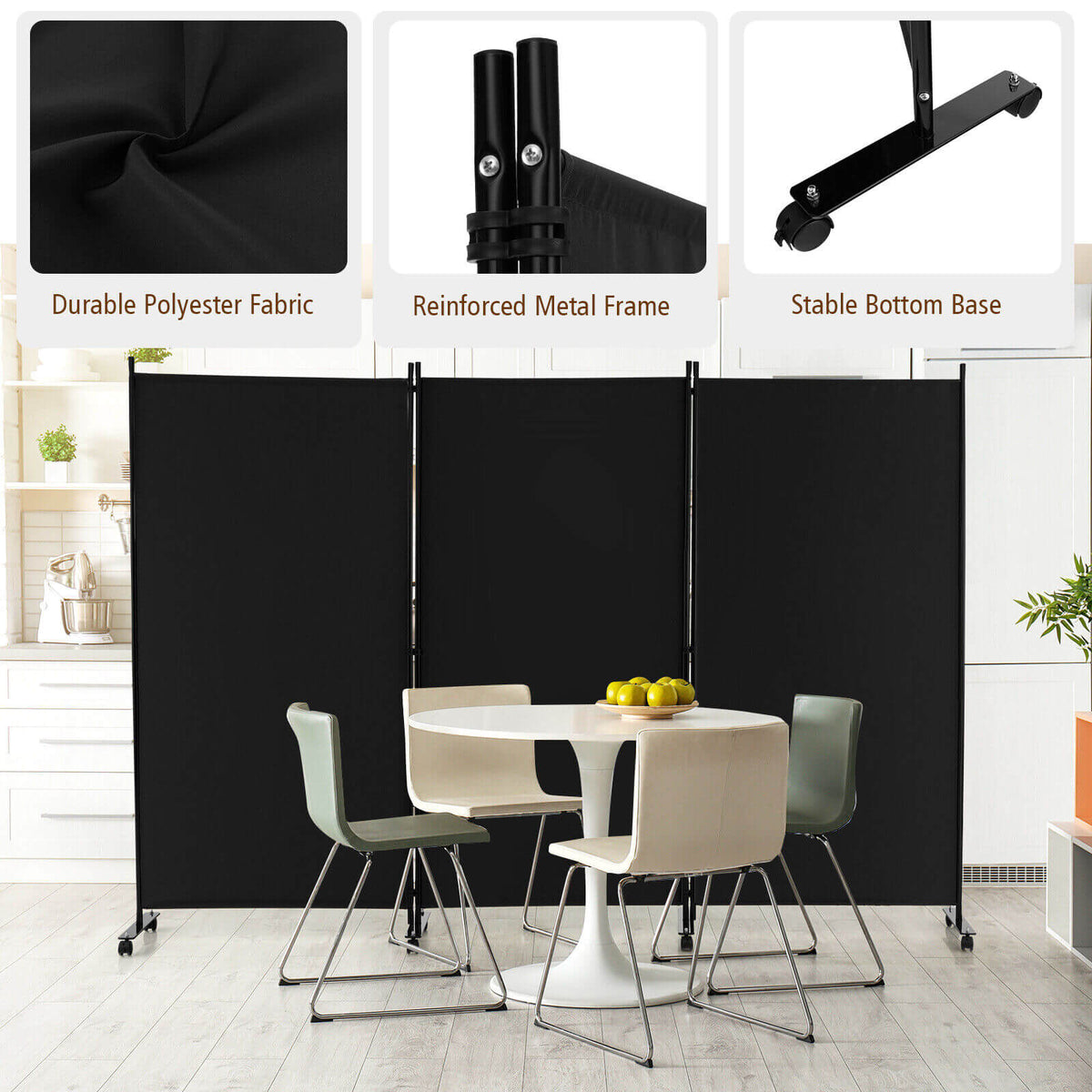 3 Panel Folding Room Divider with Lockable Wheels - Black, Portable Privacy Screen