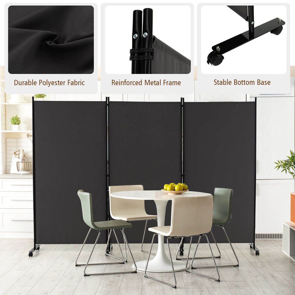 3-Panel Folding Room Divider with Lockable Wheels - Gray, Portable Privacy Screen