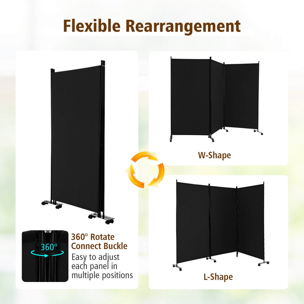 3 Panel Folding Room Divider with Lockable Wheels - Black, Portable Privacy Screen