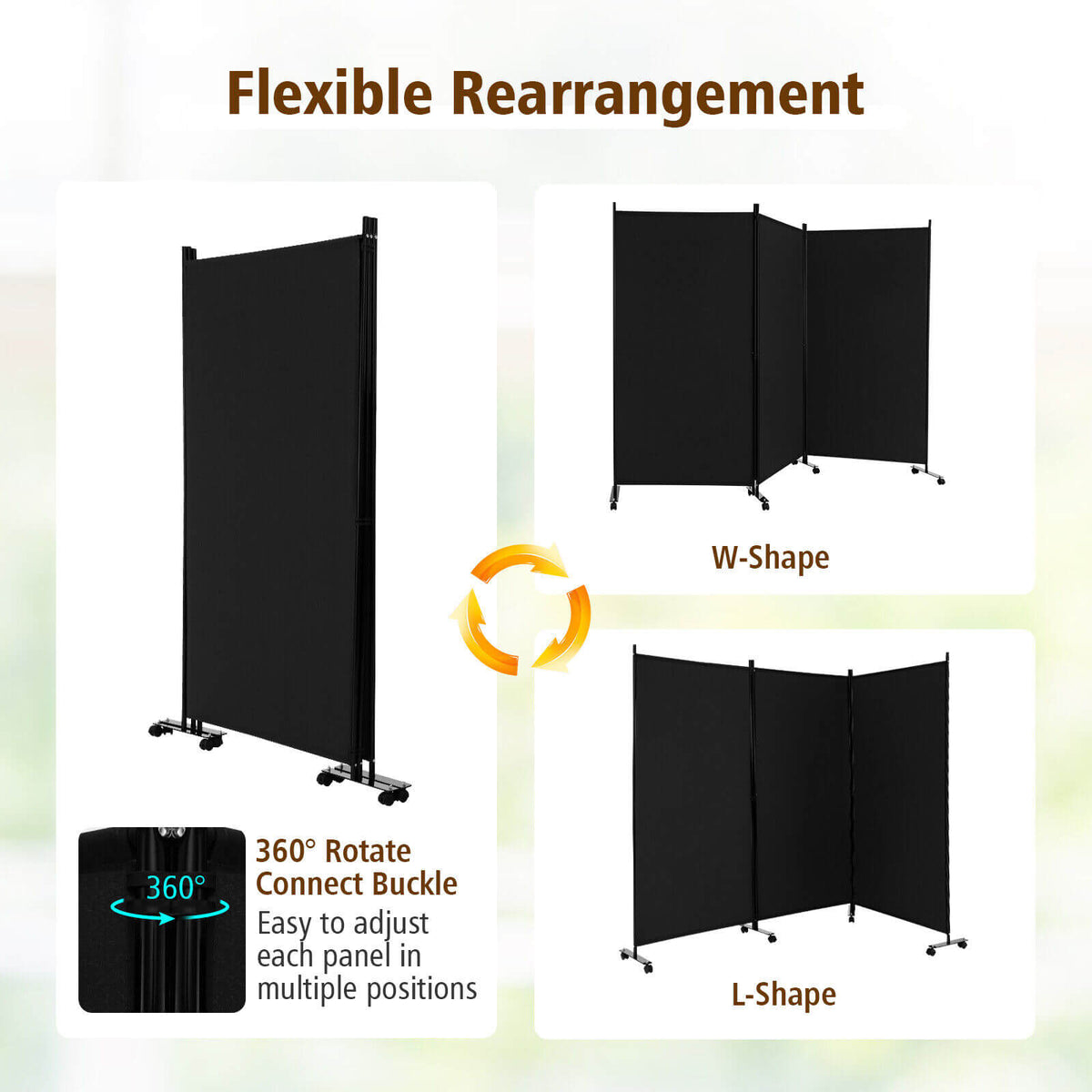 3 Panel Folding Room Divider with Lockable Wheels - Black, Portable Privacy Screen