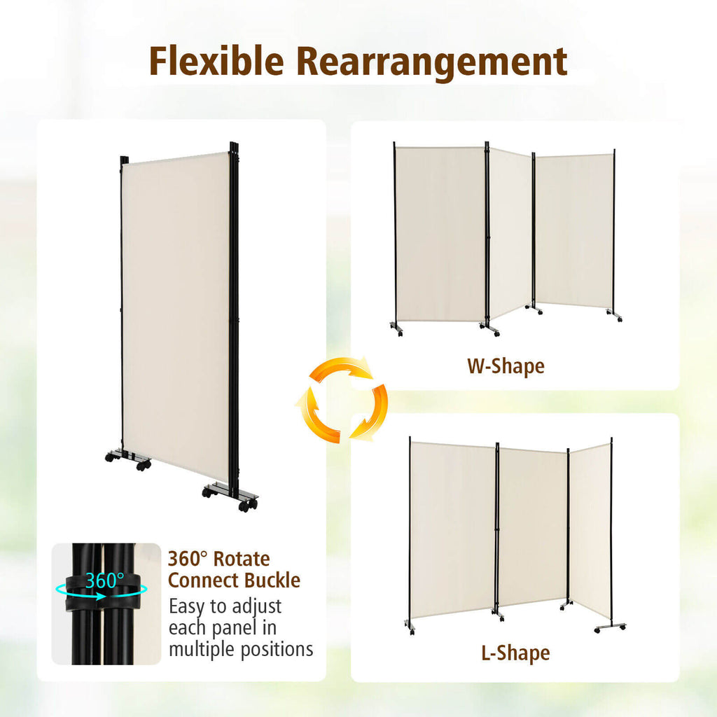 3 Panel Folding Room Divider with Lockable Wheels - White, Portable Privacy Screen