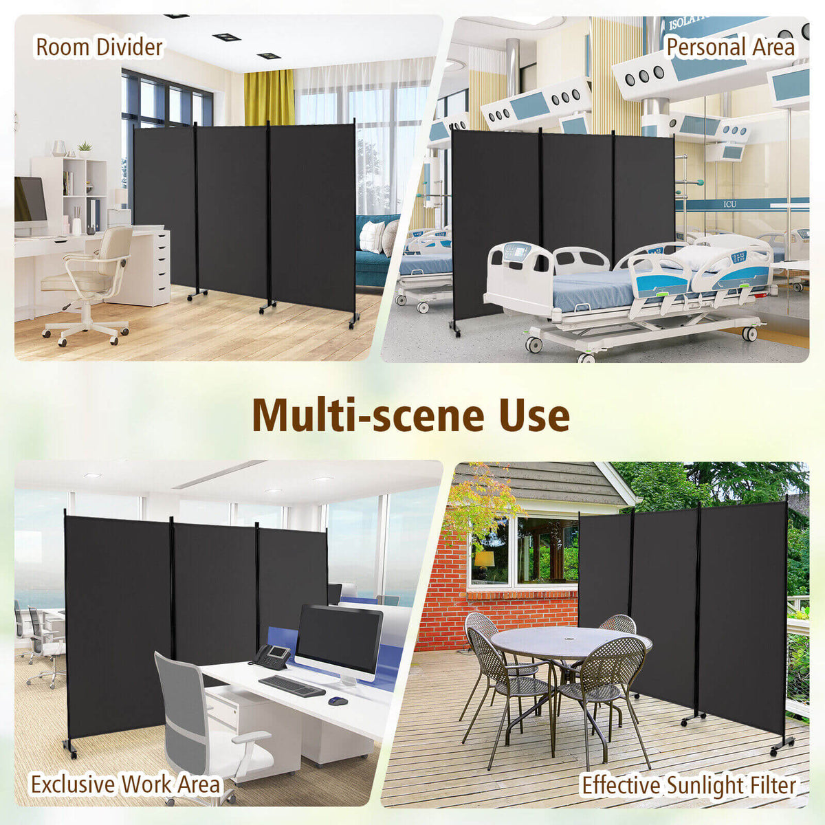 3-Panel Folding Room Divider with Lockable Wheels - Gray, Portable Privacy Screen