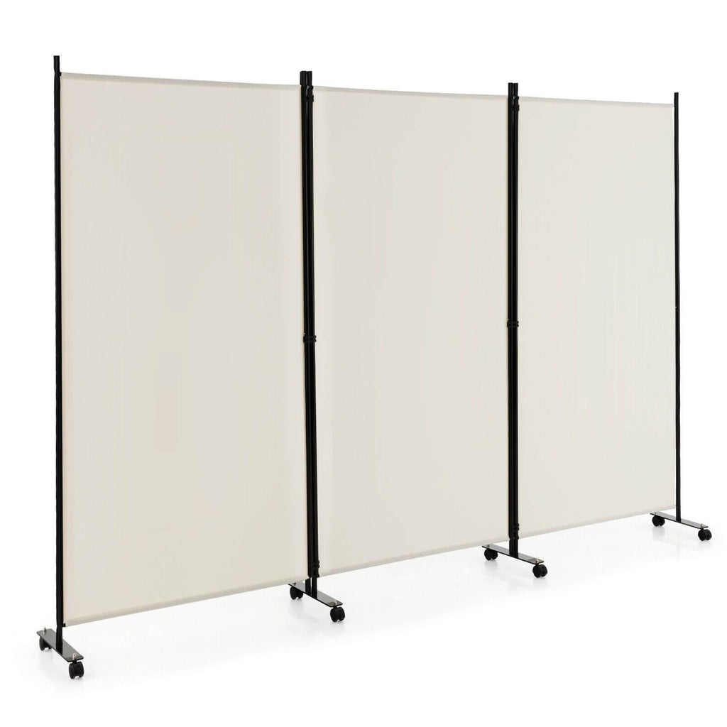 3 Panel Folding Room Divider with Lockable Wheels - White, Portable Privacy Screen