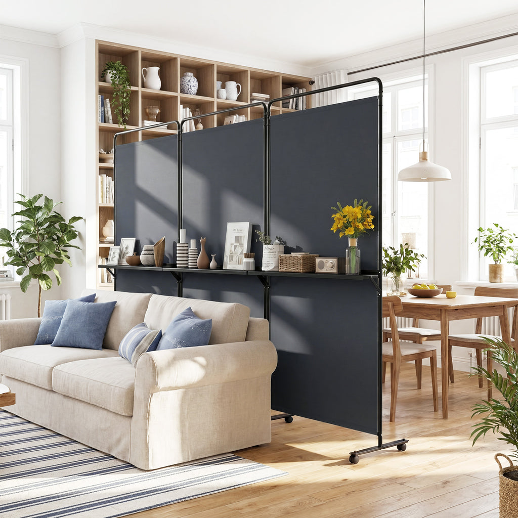 White 3-Panel Room Divider with Shelves - 6 FT Tall Folding Privacy Screen with Lockable Wheels