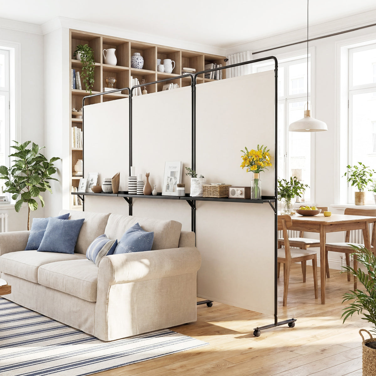White 3-Panel Room Divider with Shelves - 6 FT Tall Folding Privacy Screen with Lockable Wheels