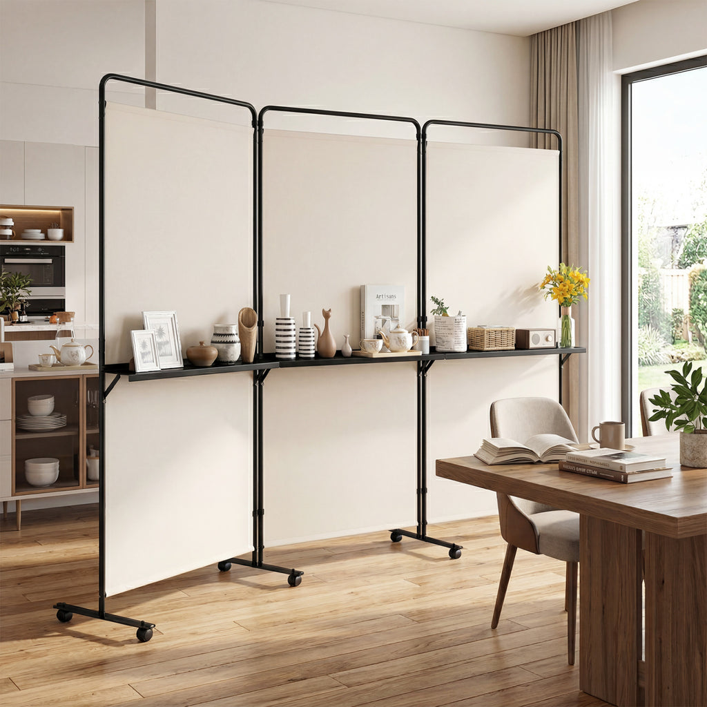 White 3-Panel Room Divider with Shelves - 6 FT Tall Folding Privacy Screen with Lockable Wheels