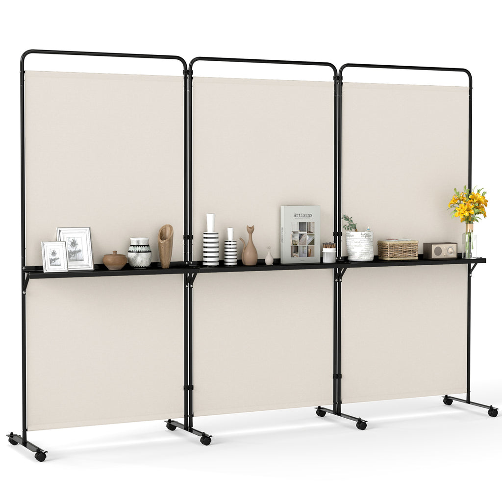 White 3-Panel Room Divider with Shelves - 6 FT Tall Folding Privacy Screen with Lockable Wheels