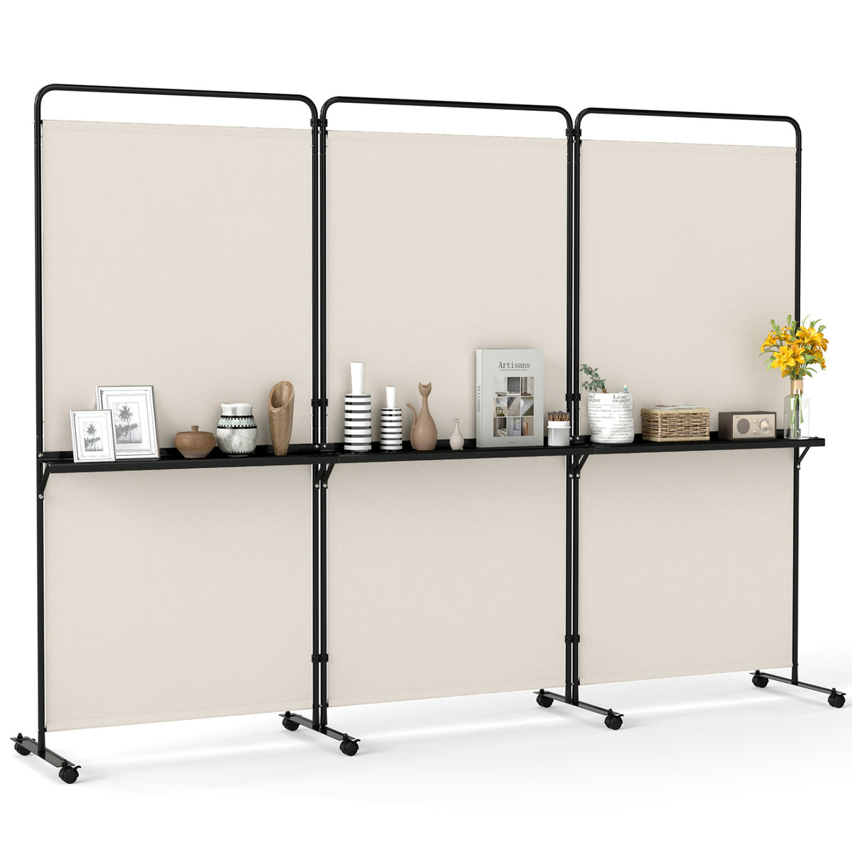 White 3-Panel Room Divider with Shelves - 6 FT Tall Folding Privacy Screen with Lockable Wheels