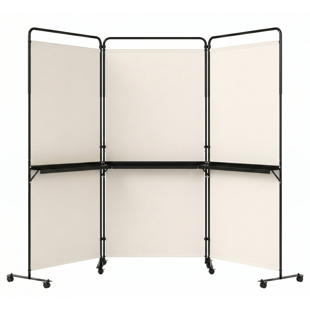 White 3-Panel Room Divider with Shelves - 6 FT Tall Folding Privacy Screen with Lockable Wheels