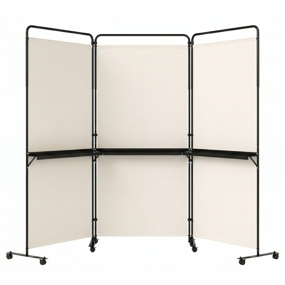 White 3-Panel Room Divider with Shelves - 6 FT Tall Folding Privacy Screen with Lockable Wheels