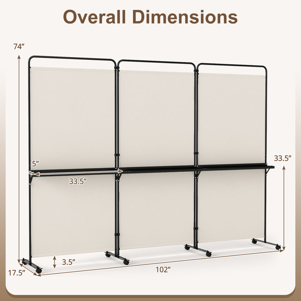 White 3-Panel Room Divider with Shelves - 6 FT Tall Folding Privacy Screen with Lockable Wheels
