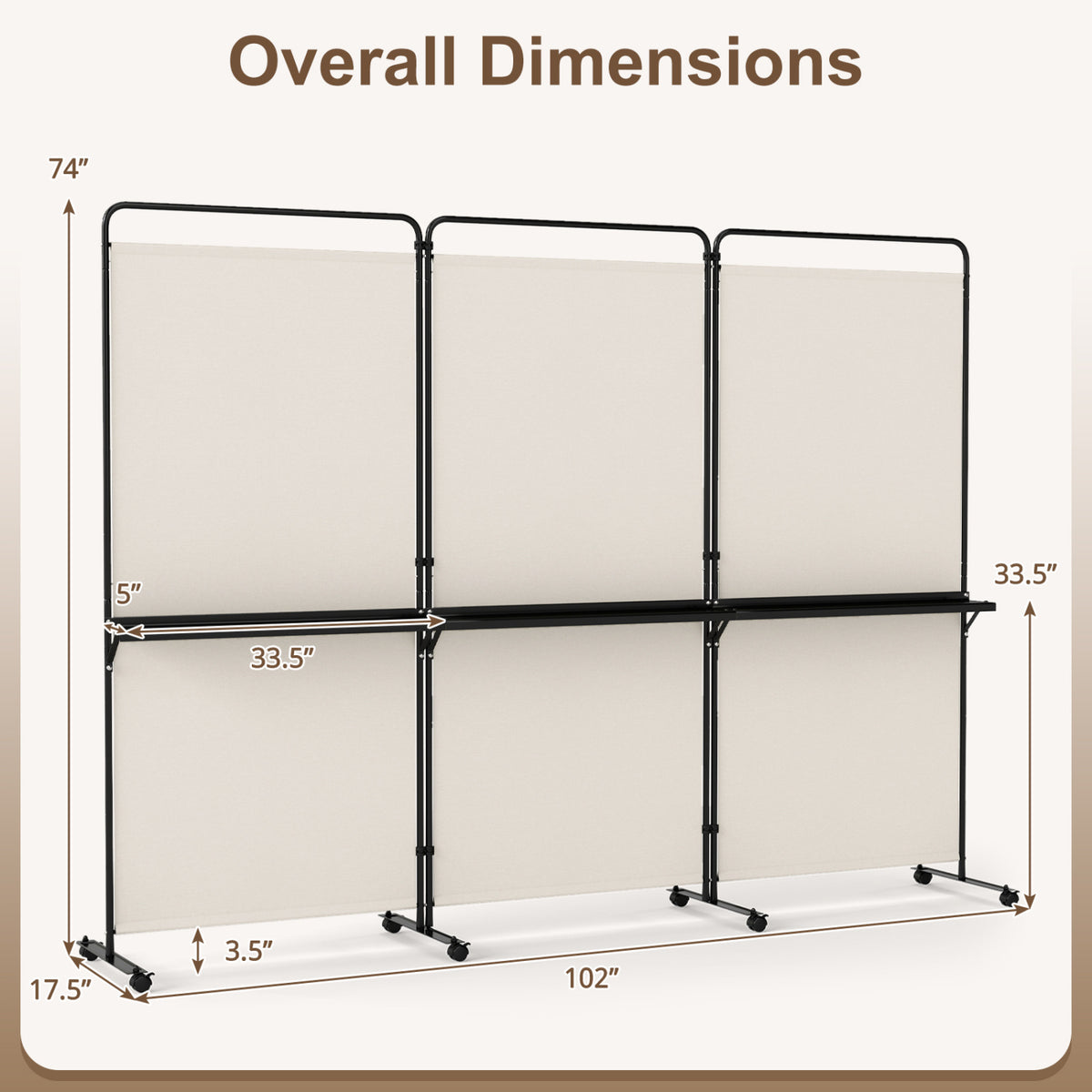 White 3-Panel Room Divider with Shelves - 6 FT Tall Folding Privacy Screen with Lockable Wheels