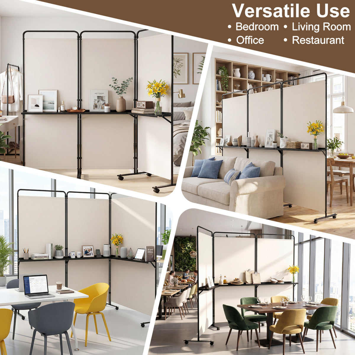 White 3-Panel Room Divider with Shelves - 6 FT Tall Folding Privacy Screen with Lockable Wheels