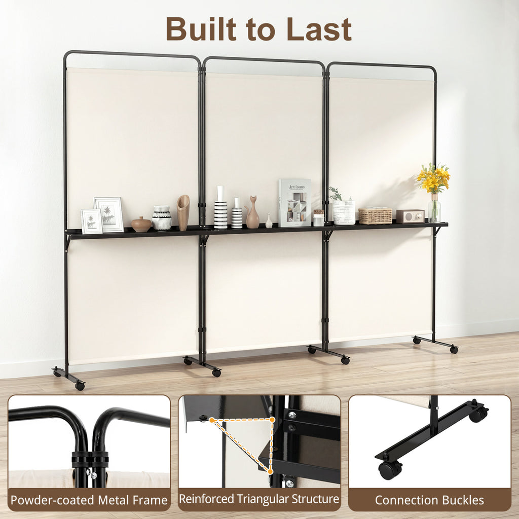 White 3-Panel Room Divider with Shelves - 6 FT Tall Folding Privacy Screen with Lockable Wheels