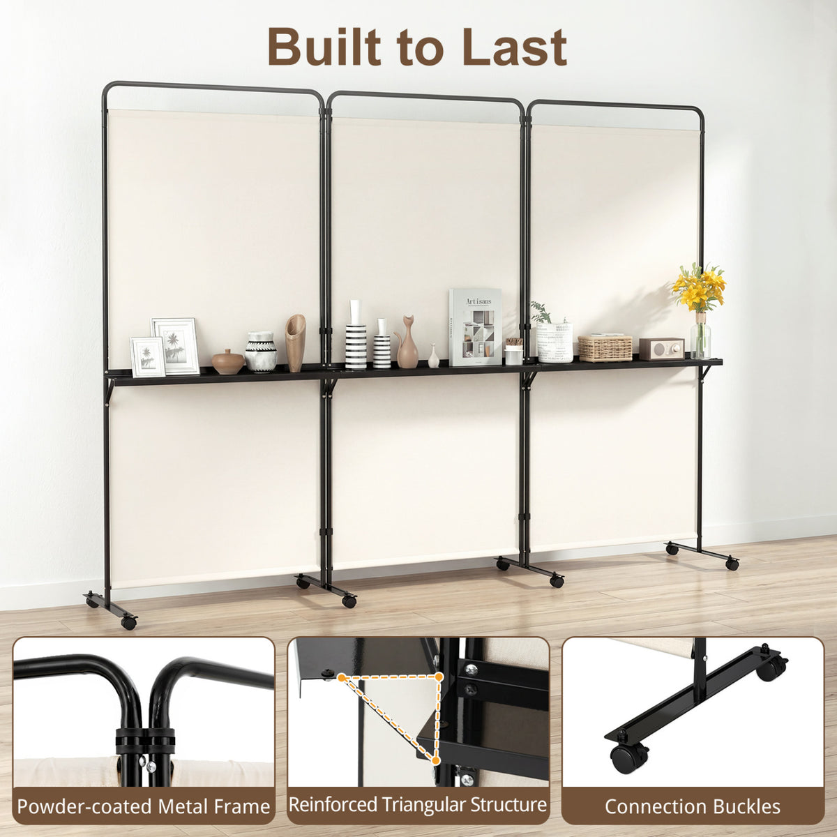 White 3-Panel Room Divider with Shelves - 6 FT Tall Folding Privacy Screen with Lockable Wheels