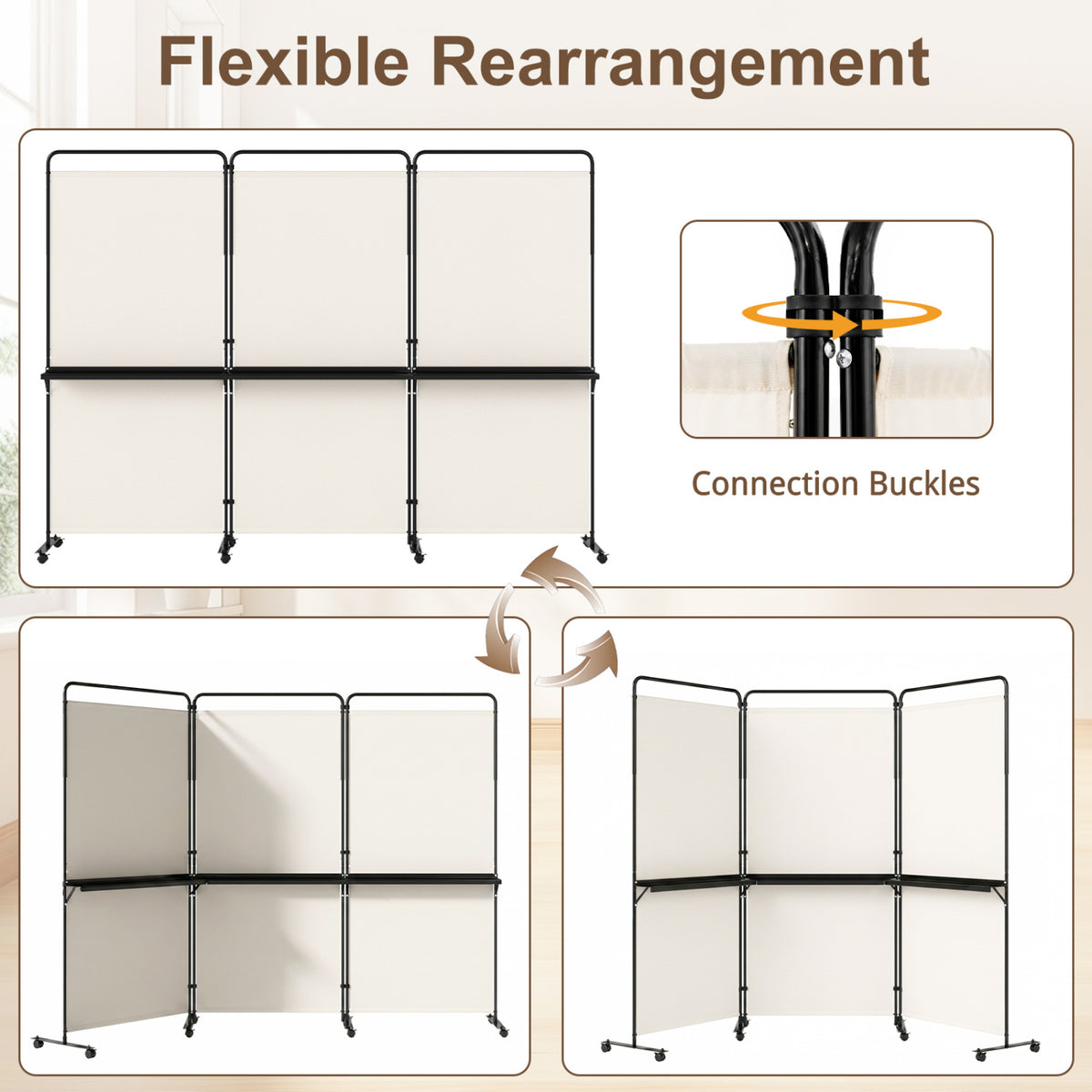 White 3-Panel Room Divider with Shelves - 6 FT Tall Folding Privacy Screen with Lockable Wheels