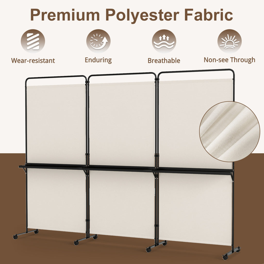 White 3-Panel Room Divider with Shelves - 6 FT Tall Folding Privacy Screen with Lockable Wheels