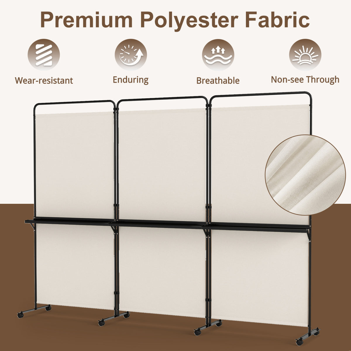 White 3-Panel Room Divider with Shelves - 6 FT Tall Folding Privacy Screen with Lockable Wheels