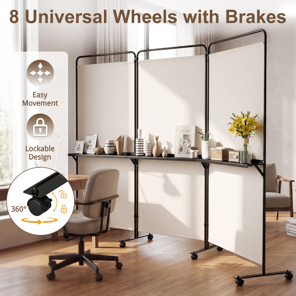 White 3-Panel Room Divider with Shelves - 6 FT Tall Folding Privacy Screen with Lockable Wheels