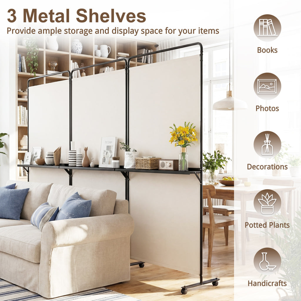 White 3-Panel Room Divider with Shelves - 6 FT Tall Folding Privacy Screen with Lockable Wheels