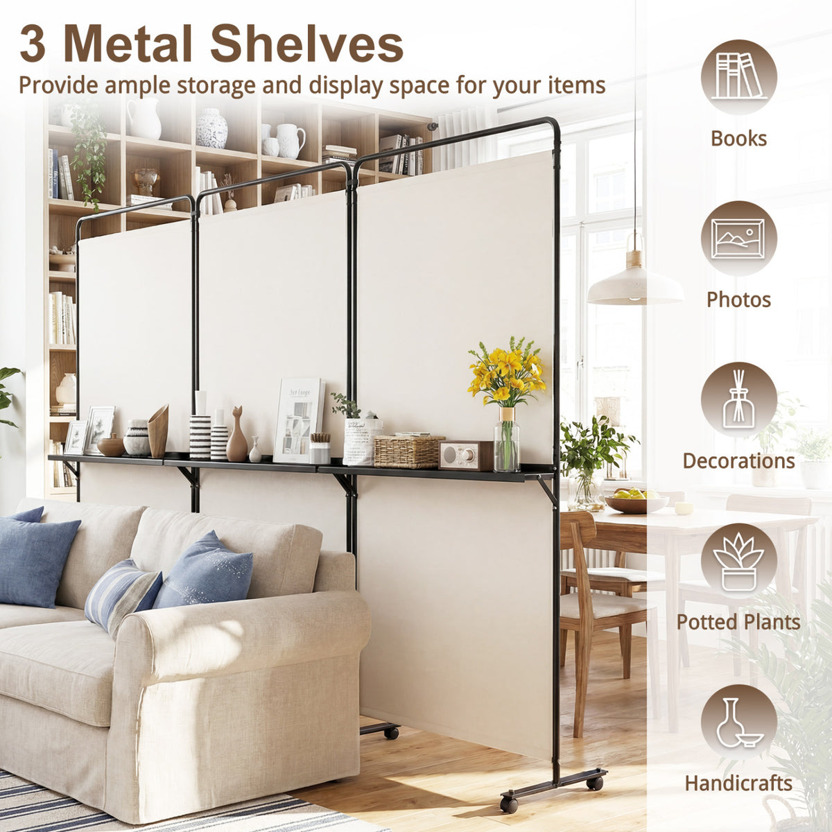 White 3-Panel Room Divider with Shelves - 6 FT Tall Folding Privacy Screen with Lockable Wheels
