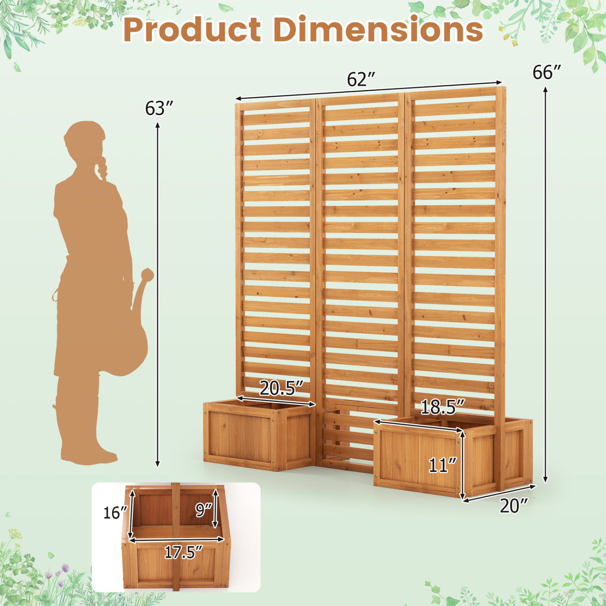 3-Panel Solid Wood Frame Freestanding Garden Fence with 2