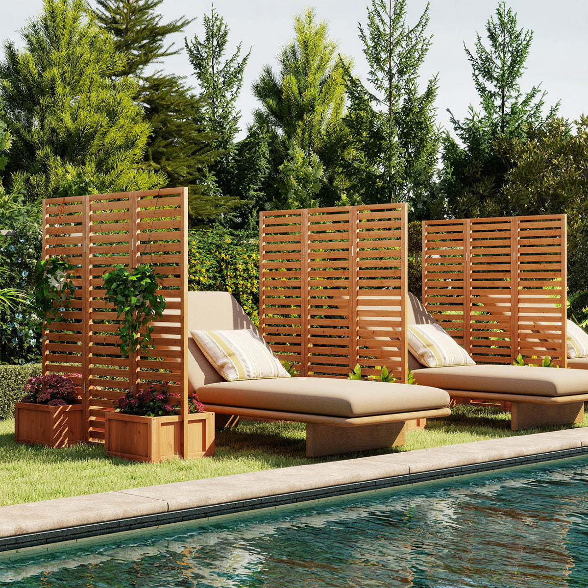 3-Panel Solid Wood Frame Freestanding Garden Fence with 2