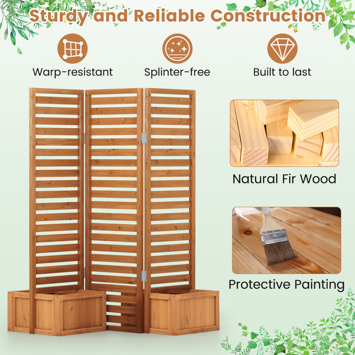 3-Panel Solid Wood Frame Freestanding Garden Fence with 2