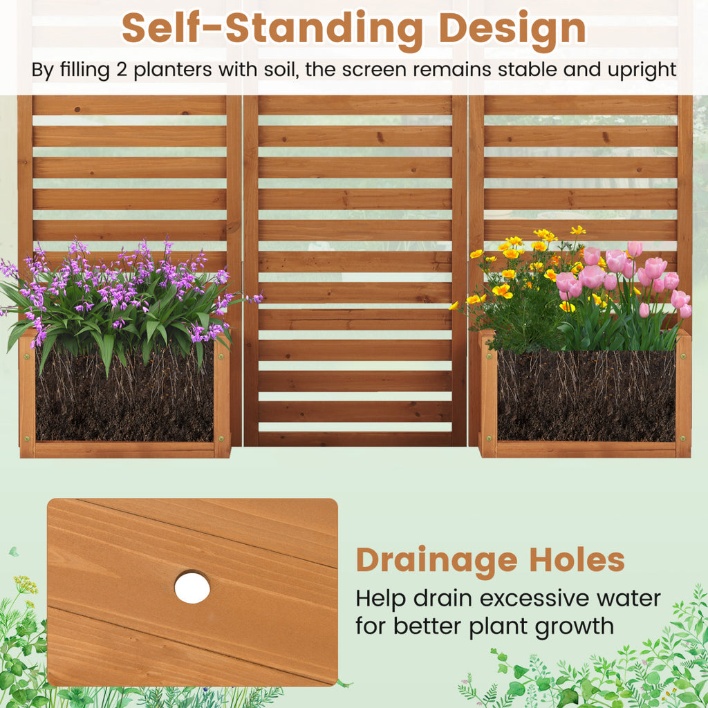 3-Panel Solid Wood Frame Freestanding Garden Fence with 2