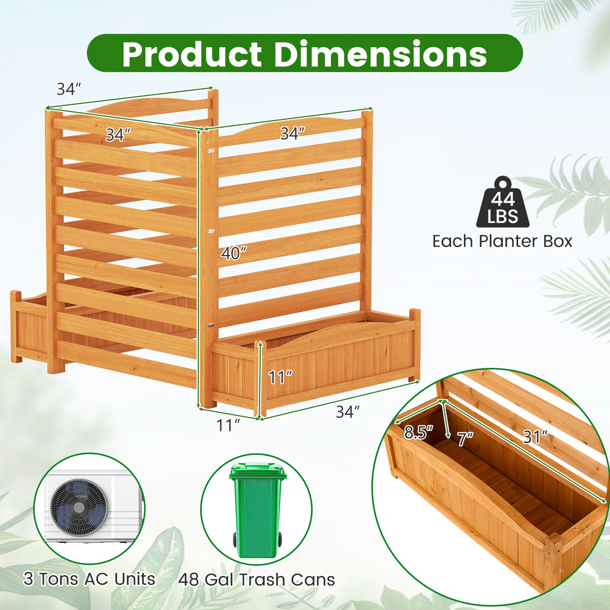 3-Panel Wood Air Conditioner Fence with Planter Box Freestanding