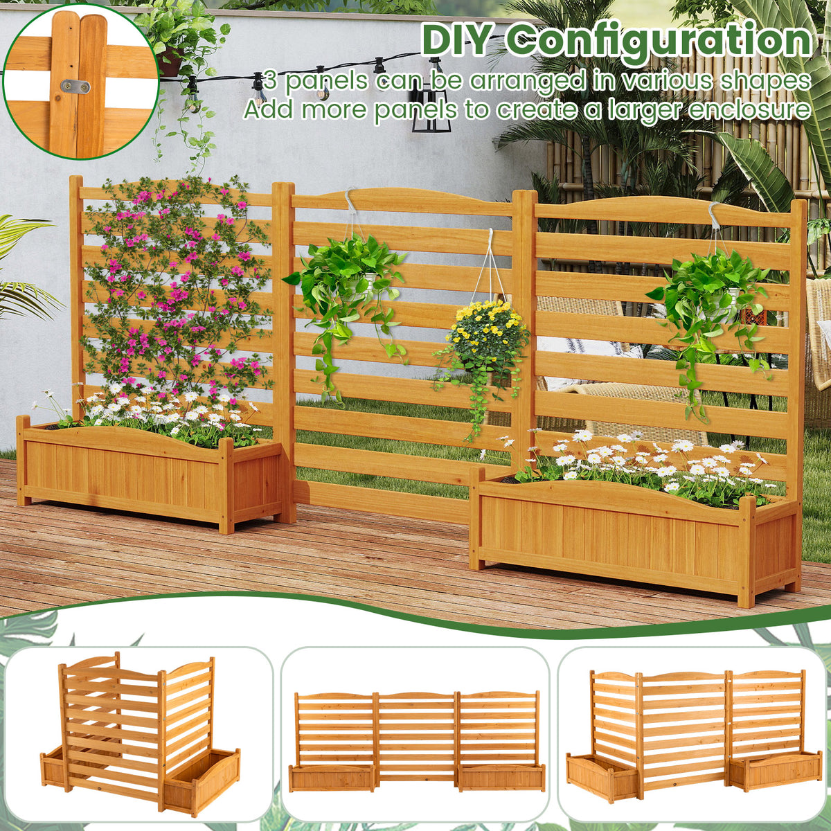 3-Panel Wood Air Conditioner Fence with Planter Box Freestanding