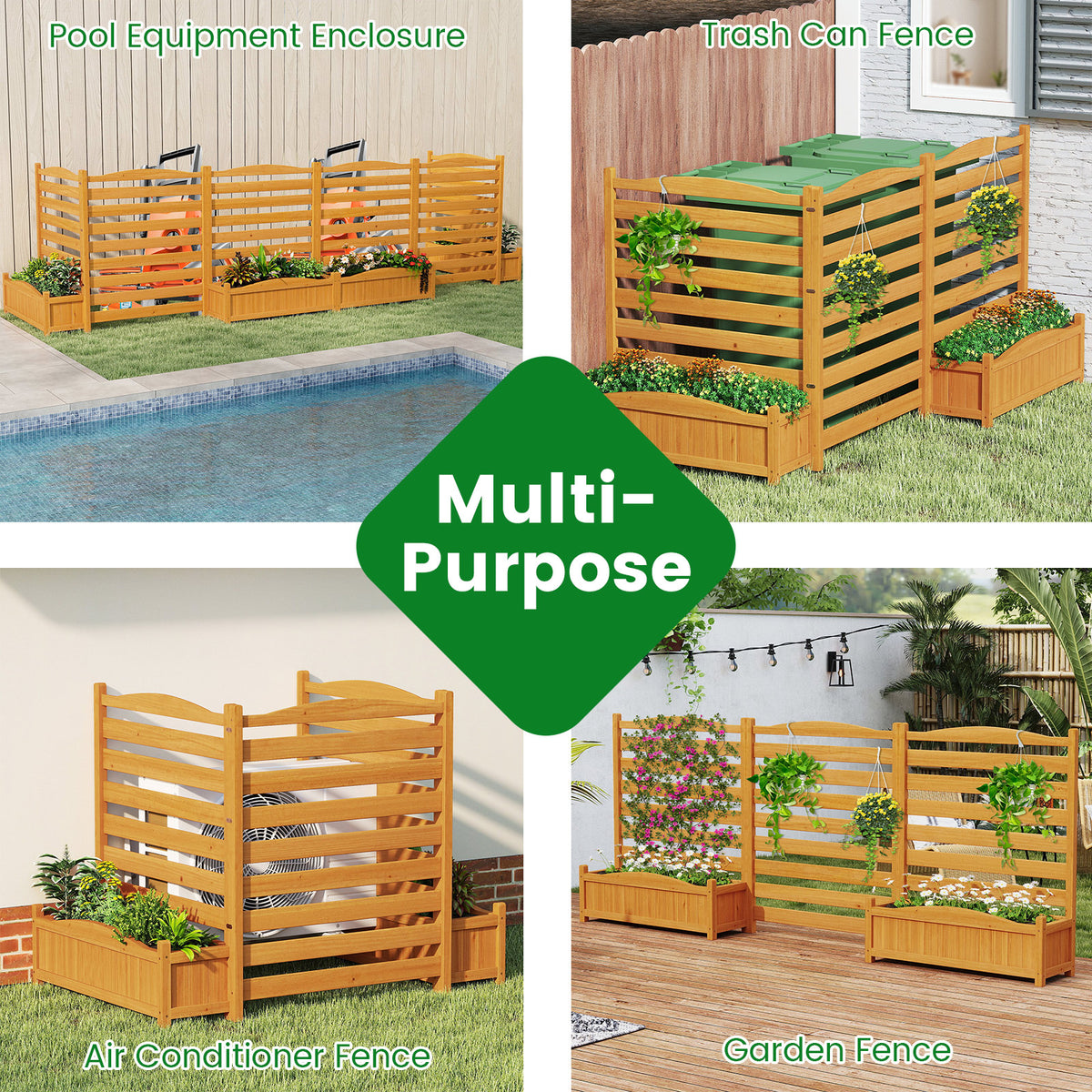 3-Panel Wood Air Conditioner Fence with Planter Box Freestanding