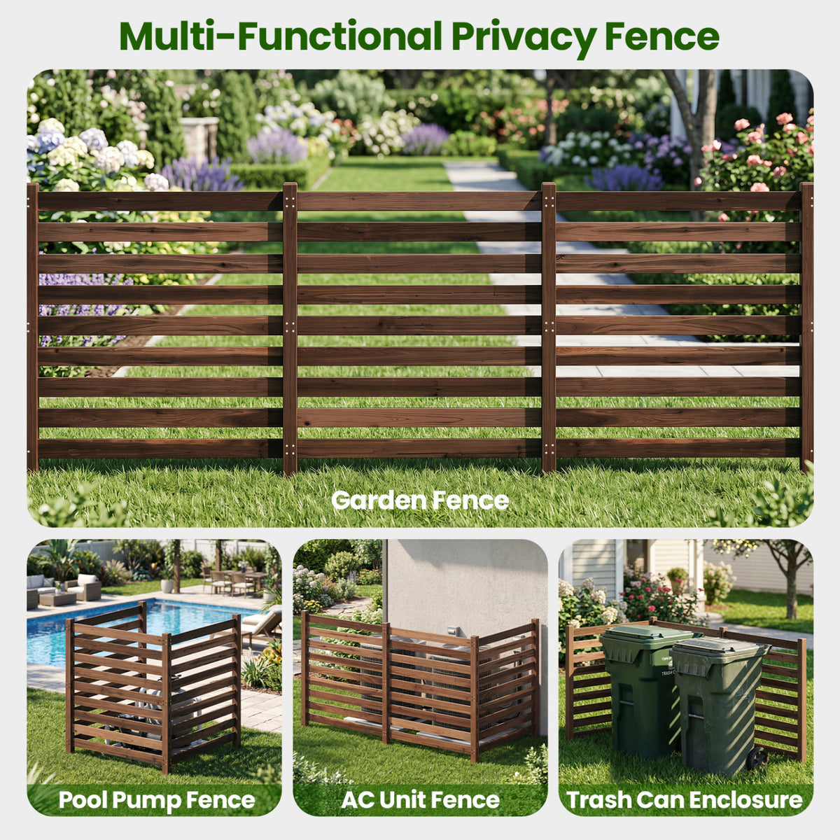 3-Panel Wooden Outdoor Privacy Fence with Ground Stakes - Brown, 38.5x42 Inches