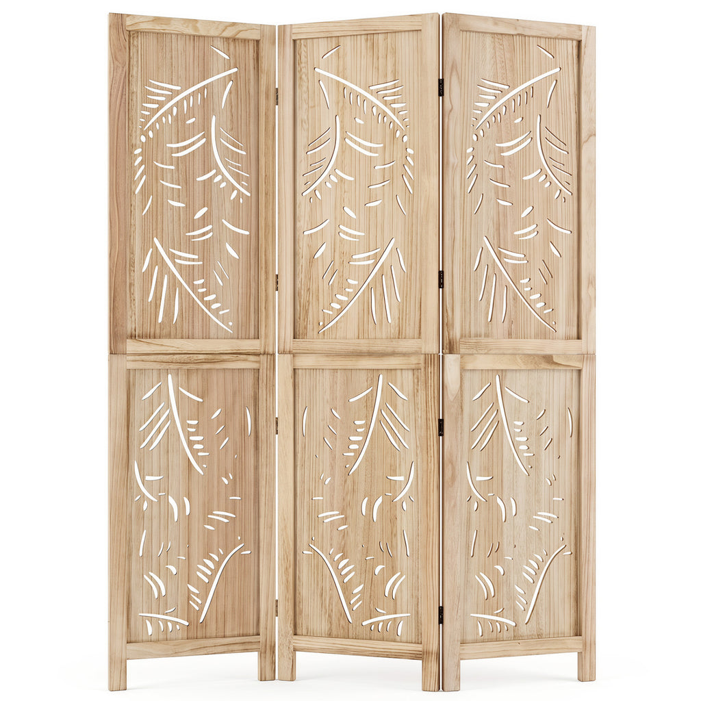 6-Panel Wooden Room Divider with Palm Leaf Design & Paulownia Frame - 6-Panel